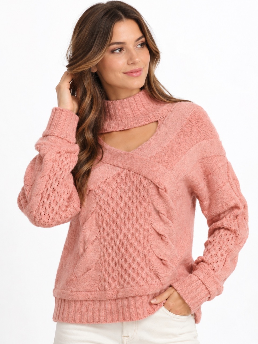 NAADAM Cable Knit Cutout Turtleneck Sweater Rose XS Oversized Alpaca Wool NWT
